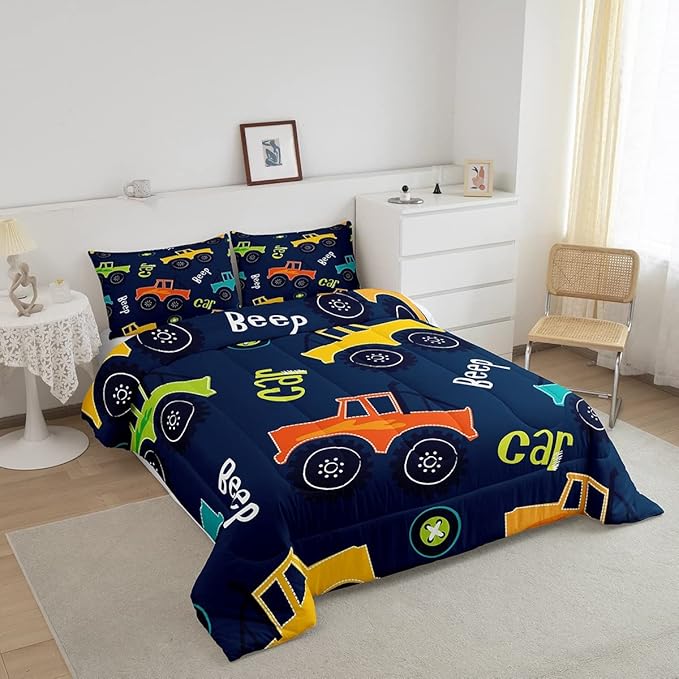 Cartoon Car Bedding Set Construction Kids Comforter Set Boys Girls Equipment Trucks Decor Comforter Microfiber Cartoon Car Excavator Tractor Duvet Set Bedroom Quilt Set Full - LeafyLoom