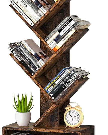 6 Tier Tree Bookshelf, Sturdy Retro Floor Standing Wood Bookcase, Storage Rack for Home Office, Living Room, Bedroom, Reading Spot, Heavy Book Organizer Shelves for CDs/DVDs/Movies - LeafyLoom