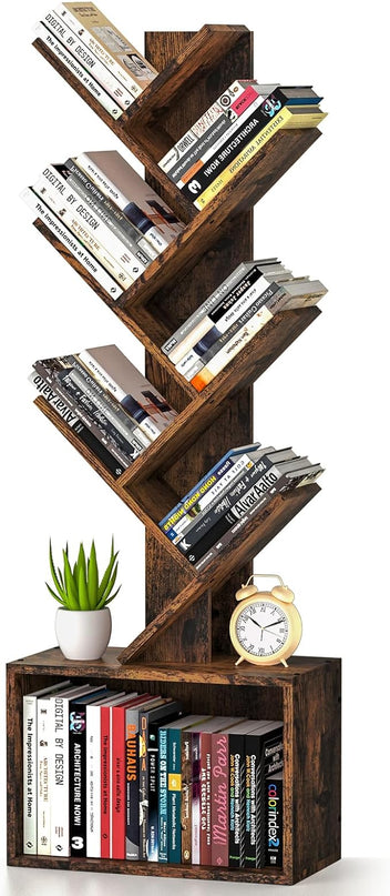6 Tier Tree Bookshelf, Sturdy Retro Floor Standing Wood Bookcase, Storage Rack for Home Office, Living Room, Bedroom, Reading Spot, Heavy Book Organizer Shelves for CDs/DVDs/Movies - LeafyLoom
