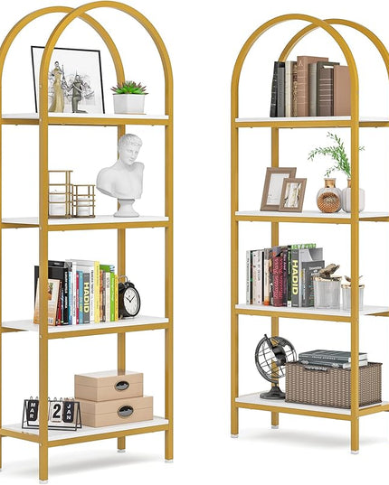 Tribesigns 4-Tier Open Bookshelf Set of 2, 70.8" Modern Wood Bookcase Storage Shelves with Metal Frame, Freestanding Display Rack Tall Shelving Unit for Bedroom, Living Room (White and Gold, 2PCS) - LeafyLoom