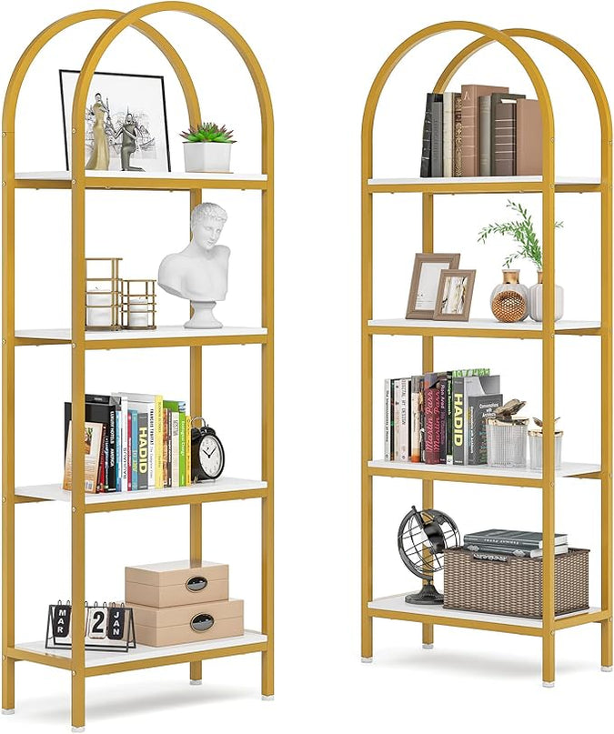Tribesigns 4-Tier Open Bookshelf Set of 2, 70.8" Modern Wood Bookcase Storage Shelves with Metal Frame, Freestanding Display Rack Tall Shelving Unit for Bedroom, Living Room (White and Gold, 2PCS) - LeafyLoom