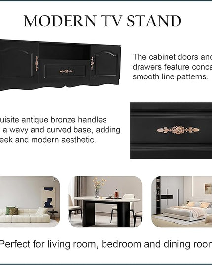Merax Modern TV Stand for 60"+ Televisions with 1 Shelf, 2, 1 Drawer, Storage Console Cabinet Furniture for Living Room, 65.0 inch Length, Black - LeafyLoom