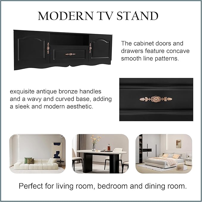 Merax Modern TV Stand for 60"+ Televisions with 1 Shelf, 2, 1 Drawer, Storage Console Cabinet Furniture for Living Room, 65.0 inch Length, Black - LeafyLoom