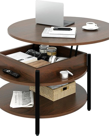 FABATO Round Lift Top Coffee Table for Living Room, 35.43'' Round Coffee Table with Storage and Hidden Compartment, 2 Tier Large Farmhouse Coffee Table Round Dining Table, Espresso - LeafyLoom