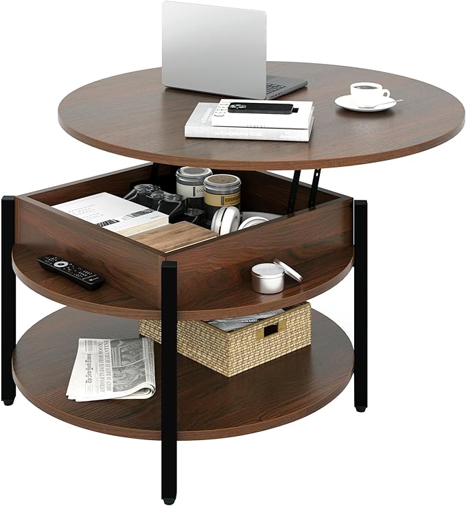 FABATO Round Lift Top Coffee Table for Living Room, 35.43'' Round Coffee Table with Storage and Hidden Compartment, 2 Tier Large Farmhouse Coffee Table Round Dining Table, Espresso - LeafyLoom