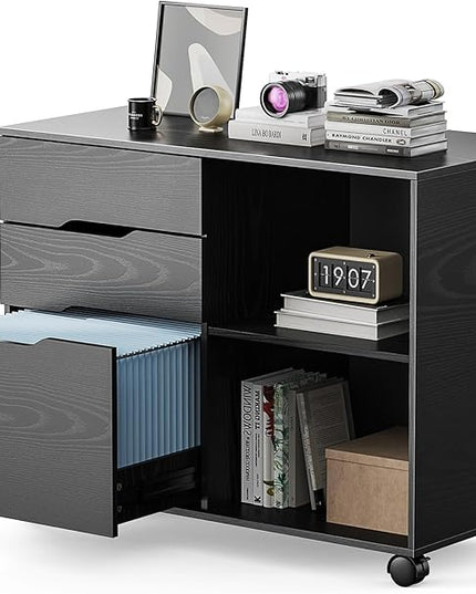 Sweetcrispy 3 Drawer File Cabinet Organizer Lateral Printer Stand Rolling Desk with Adjustable Storage Shelves for Office Home Small Space, Black Wood - LeafyLoom