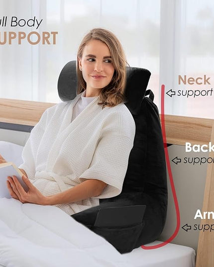 Nestl Reading Pillow with Portable Laptop Lap Desk, Velvet Feel Back Pillow for Sitting in Bed, Shredded Memory Foam Back Support Pillow for Bed, Bed Rest Pillow with Arms, Large - Black - LeafyLoom