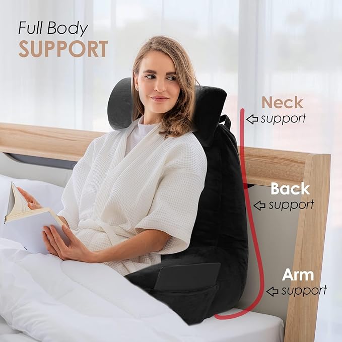 Nestl Reading Pillow with Portable Laptop Lap Desk, Velvet Feel Back Pillow for Sitting in Bed, Shredded Memory Foam Back Support Pillow for Bed, Bed Rest Pillow with Arms, Large - Black - LeafyLoom