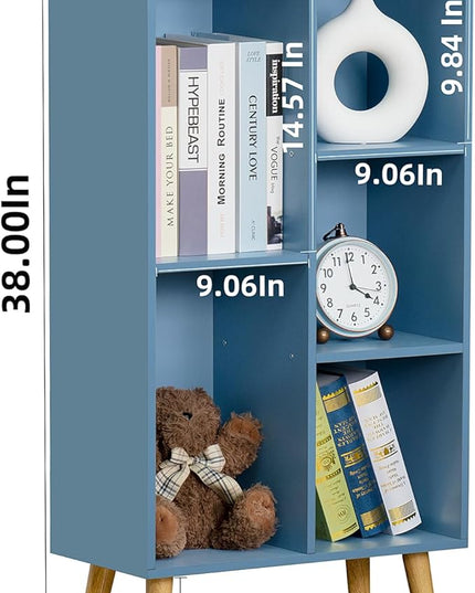 YAHARBO 5 Cube Bookshelf, Blue Kids Book Shelf with Cubby Storage,Wooden Modern Bookcase with Legs,3 Tier Freestanding Display Book Case,Children Toy Organizer,Bookshelves for Office,Nursery,Playroom - LeafyLoom