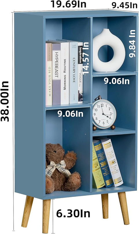 YAHARBO 5 Cube Bookshelf, Blue Kids Book Shelf with Cubby Storage,Wooden Modern Bookcase with Legs,3 Tier Freestanding Display Book Case,Children Toy Organizer,Bookshelves for Office,Nursery,Playroom - LeafyLoom