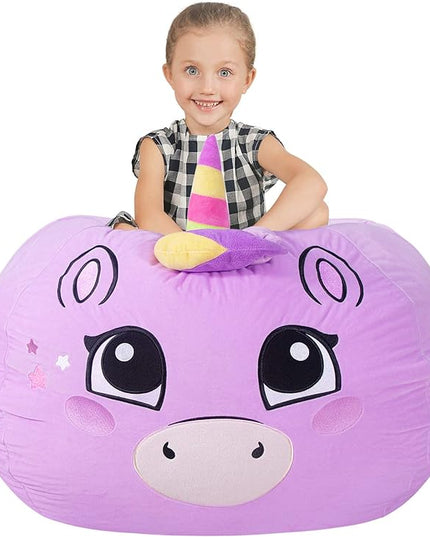 Aubliss Stuffed Animal Storage, Velvet Bean Bag Chairs Cover, Large 32" Ultra Soft Kids Toy Storage Organizer for Blankets Towels Clothes Home Supplies, Purple Big Eyes - LeafyLoom