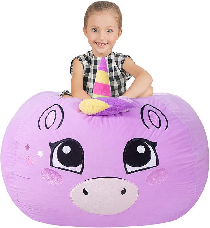 Aubliss Stuffed Animal Storage, Velvet Bean Bag Chairs Cover, Large 32" Ultra Soft Kids Toy Storage Organizer for Blankets Towels Clothes Home Supplies, Purple Big Eyes - LeafyLoom