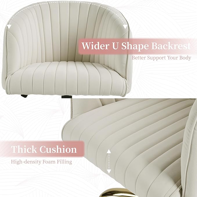 Velvet Office Desk Chair, Modern Home Office Chair with Swivel Gold Base, Comfy Vanity Desk Chair with Upholstered Back, Height Adjustable Computer Desk Chair for Home Office Bedroom Study, Ivory - LeafyLoom
