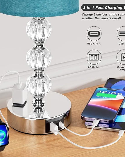 Green Touch Bedside Lamps for Bedrooms - Crystal Table Lamp with USB C+A Charging Port and AC Outlet Nightstand, 3 Way Dimmable Silver Small End Side Table Lamp for Living/Guest/Dinning Room/Kitchen - LeafyLoom