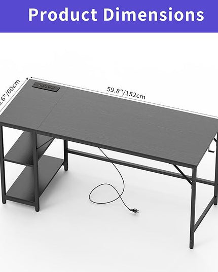 Computer Desk, 60 inches desk with 2 Shelves, Home Office Desk with USB/Type-C Charging Ports & Power Outlets, Study Table for Adults, Black - LeafyLoom