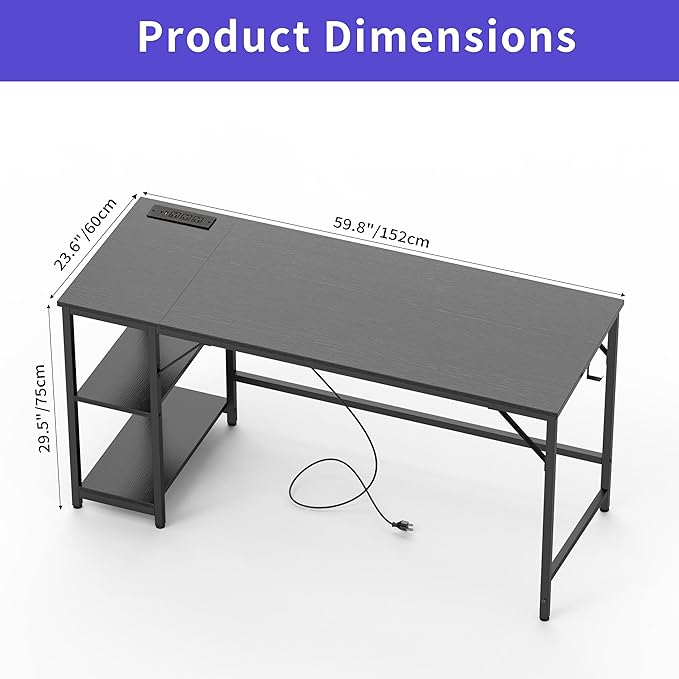 Computer Desk, 60 inches desk with 2 Shelves, Home Office Desk with USB/Type-C Charging Ports & Power Outlets, Study Table for Adults, Black - LeafyLoom