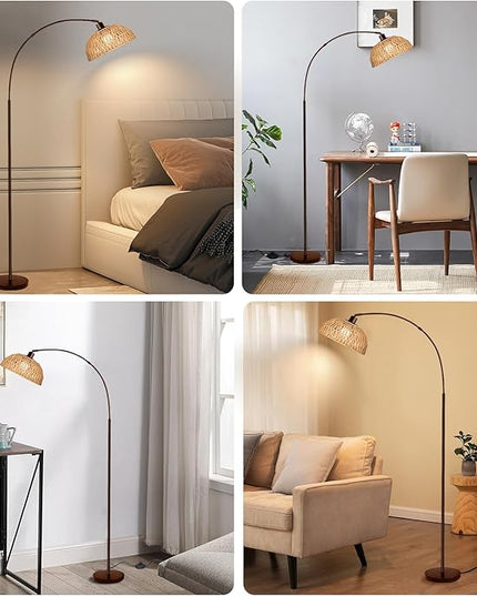 Arc Floor Lamp for Living Room,Bronze Standing Rattan Floor Lamp with Remote Control Dimmable,71" Tall Boho Farmhouse Adjustable Over Couch Lamp for Bedroom Office - LeafyLoom