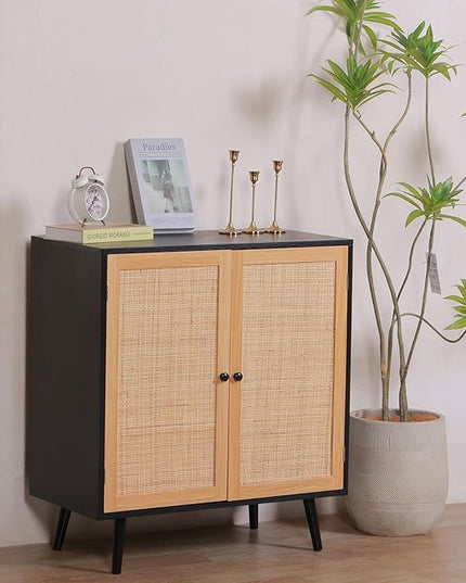 Sideboard Buffet Cabinet,Accent Kithchen Storage Cabinet with Rattan Doors,Wood Cupboard Console Table with Adjustable Shelves for Living Room, Black - LeafyLoom