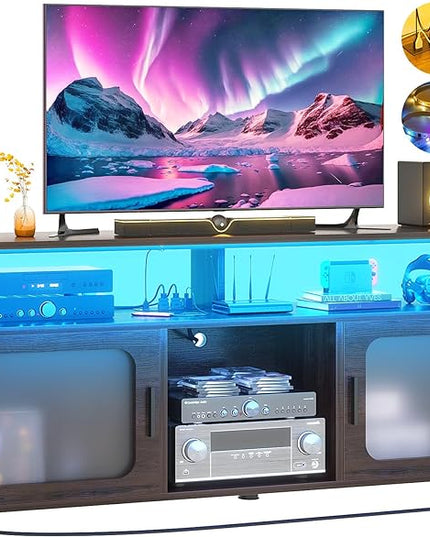 Aheaplus TV Stand for 55 60 Inch TV, Entertainment Center with LED Light and Charging Station, TV Console Table, Large Media Console Cabinet w/Soundbar Shelf, for Living Room, Bedroom, Espresso - LeafyLoom