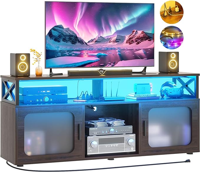 Aheaplus TV Stand for 55 60 Inch TV, Entertainment Center with LED Light and Charging Station, TV Console Table, Large Media Console Cabinet w/Soundbar Shelf, for Living Room, Bedroom, Espresso - LeafyLoom