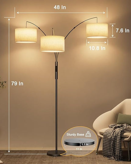 36W LED Arc Floor Lamp with 3 Fabric Shades, 3000LM Super Bright Standing Lamp with Remote Control & Touch, Stepless Dimming, Individual Light Control for Living Room, Bedroom - LeafyLoom