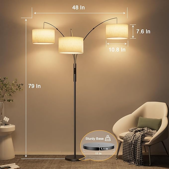 36W LED Arc Floor Lamp with 3 Fabric Shades, 3000LM Super Bright Standing Lamp with Remote Control & Touch, Stepless Dimming, Individual Light Control for Living Room, Bedroom - LeafyLoom