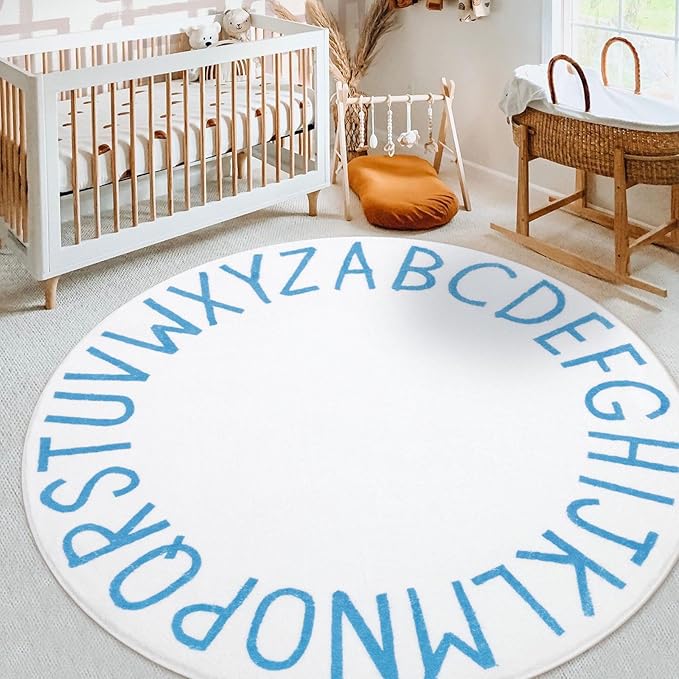 Topotdor Round Kids Play Rug Alphabet Nursery Area Rug Extra Large Soft Crawling Play Mat for Children Toddlers Bedroom (47 inch, Sky Blue/White) - LeafyLoom