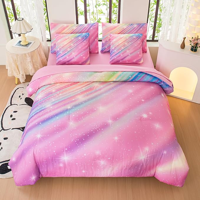 Twin Comforter Set for Girls Galaxy Bedding 7pieces, Ombre Bedding Comforter Sets Rainbow Comforter Glitter Bedding Twin Teen Comforter Sets for Girls - LeafyLoom