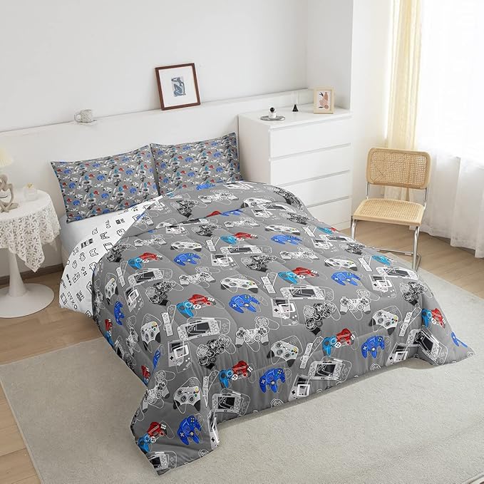 Erosebridal Gaming Comforter Set for Boys Video Games Gamer Bedding King Size Teens Kids Games Room Decor Reversible Quilt for All Season Home Decoration Cool Gamepad Print Down Comforter, Grey White - LeafyLoom