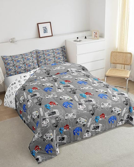 Gaming Bedding Comforters Gamer Comforter Set for Boys Kids Cartoon Gamepad Bedding Duvet Video Games Controller Home Decoration for All Season,1 Comforter Set + 2 Pillowcases, Full Size (Grey, White) - LeafyLoom