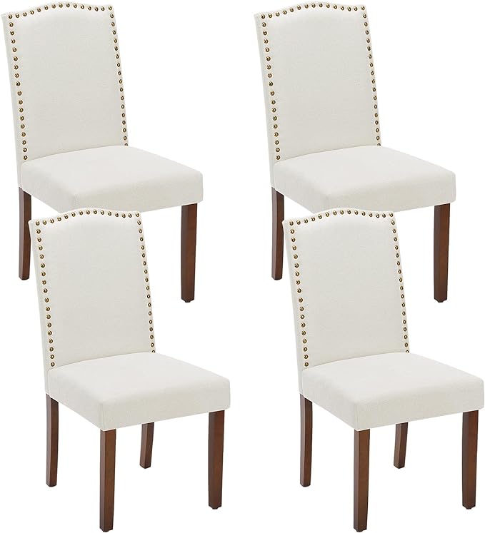 DUMOS Dining Chairs Set of 4, Fabric Dining Room Chairs, Upholstered Parsons Chairs with Nailhead Trim and Wood Legs, Kitchen Side Chair for Dining Living Room,Bedroom - Beige - LeafyLoom