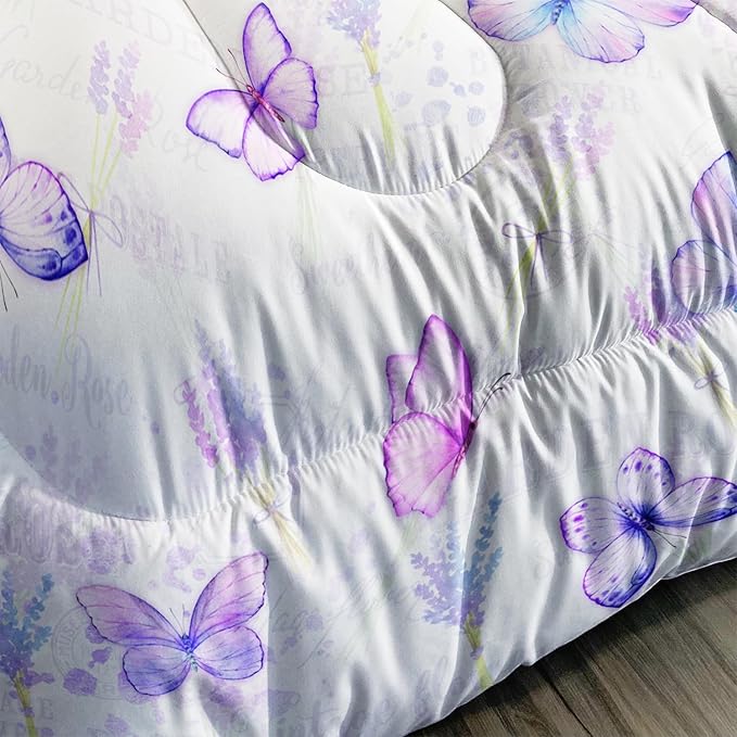 Purple Butterfly Comforter Set Queen Size for Girls Kids Adults Lavender Flowers Pattern Bedding Set Aesthetics Butterflies Quilt Bed Set with 1 Comforter and 2 Pillowcases - LeafyLoom