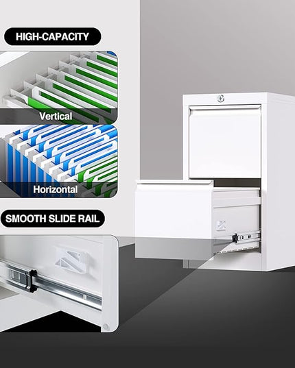 2 Drawers Vertical File Cabinet, Metal Lockable Filing Cabinet, Office File Storage Cabinet for A4 Letter/Legal Size, Assembly Required (White) - LeafyLoom