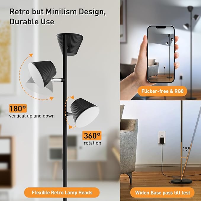 LED Tree Floor Lamp 42W, 4200 Lumens Super Bright Floor Lamps for Living Room with Remote & Touch Control, 3 Rotatable lights 4 Color Temperatures, Modern Tall Standing Lamp for Bedroom Office - LeafyLoom