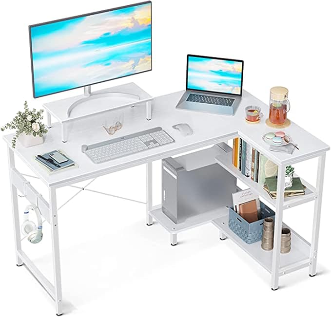 ODK 47 Inch Small L Shaped Computer Desk with Reversible Storage Shelves, L-shaped Corner Desk with Monitor Stand for Small Space, Modern Simple Writing Table for Home Office Workstation, White - LeafyLoom