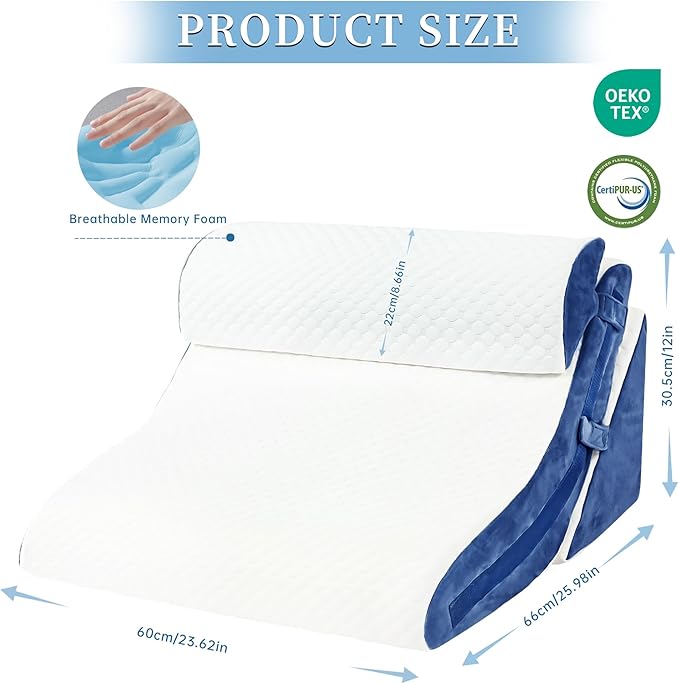 Bed Wedge Pillow for Sleeping 3PCS, 20-in-1 Adjustable Memory Foam Wedge Pillow for Acid Reflux, 3-in-1 Incline Pillow Wedge for After Surgery, Snoring, Back Pain(Navy) - LeafyLoom