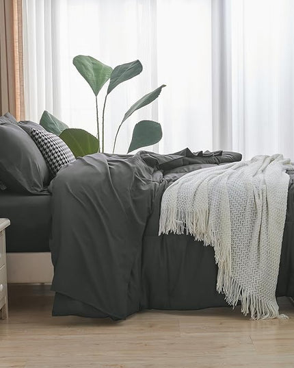 CozyLux Full Size Comforter Sets - 7 Pieces Bed in a Bag Set Dark Grey Full, Gray Complete Bedding Sets Bed Set for All Season with Comforter, Flat Sheets, Fitted Sheet, Pillowcases & Shams - LeafyLoom