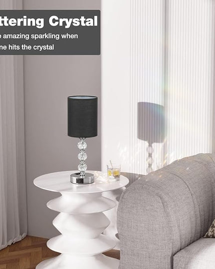 Black Touch Bedside Lamps for Bedrooms - Crystal Table Lamp with USB C+A Charging Port and AC Outlet Nightstand, 3 Way Dimmable Silver Small End Side Table Lamp for Living/Guest/Dinning Room/Kitchen - LeafyLoom