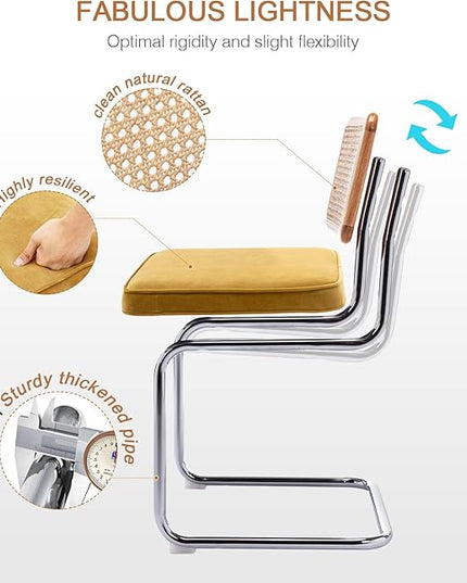 Zesthouse Rattan Dining Chairs 4pcs, Velvet Accent Chairs with Natural Cane Back & Stainless Chrome Base, Modern Mid Century Breuer Designed Chairs, Upholstered Kitchen Dining Room Chairs - LeafyLoom
