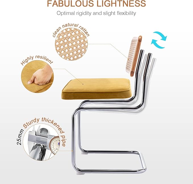 Zesthouse Mid Century Modern Dining Chairs Set of 2, Velvet Accent Chairs with Natural Cane Back & Stainless Chrome Base, Famous Breuer Designed Chairs, Upholstered Rattan Kitchen Chairs - LeafyLoom
