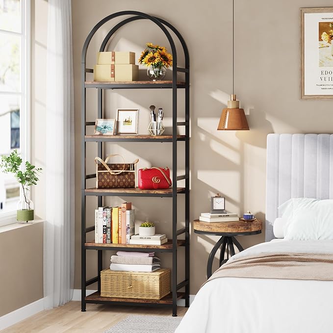Tribesigns 5-Tier Open Bookshelf, 74.4" Wood Bookcase Storage Shelves with Metal Frame, Freestanding Display Rack Tall Shelving Unit for Office, Bedroom, Living Room, Easy Assembly(Brown, 1PC) - LeafyLoom