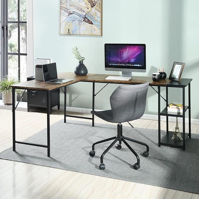 FurnitureR L-Shaped 58.3''Corner Computer Desk with Storage Shelf Long Gaming Desk for Home Office PC Workstation Saving Space Laptop Table (Brown and Black) - LeafyLoom