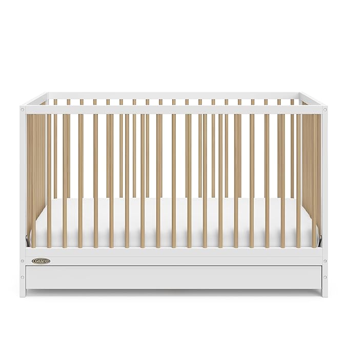 Graco Teddi 5-in-1 Convertible Crib with Drawer (White with Driftwood) – GREENGUARD Gold Certified, Crib with Drawer Combo, Full-Size Nursery Storage Drawer, Converts to Toddler Bed - LeafyLoom