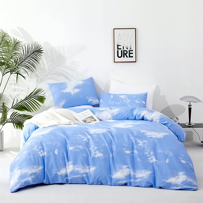 Cotton Blue Cloud Comforter Set King Size Sky Blue Comforter Cotton 3 Pieces Soft Light Blue King Comforter Bedding Set Women Solid Blue King Bed Comforter Set for All Season as Gift - LeafyLoom