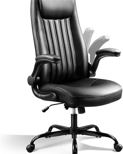 DEVAISE Computer Office Chair, High Back Ergonomic Desk Chair with Adjustable Flip-up Armrests, Lumbar Support and Thick Headrest, Executive Suede Fabric Swivel Task Chair, Black - LeafyLoom