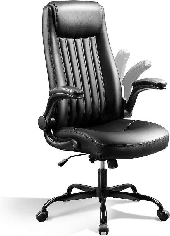 DEVAISE Computer Office Chair, High Back Ergonomic Desk Chair with Adjustable Flip-up Armrests, Lumbar Support and Thick Headrest, Executive Suede Fabric Swivel Task Chair, Black - LeafyLoom