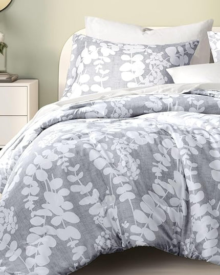 Codi Gray Floral Comforter Set King Size, Botanical Bedding Sets | Nature Style, Unique Reversible Design, Better for Spring and Summer | Leaf Print 3 Pieces - LeafyLoom