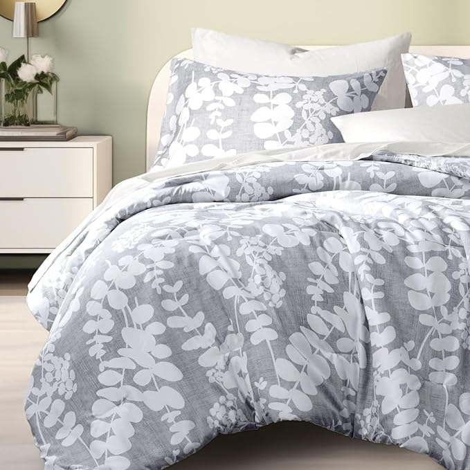 Codi Gray Floral Comforter Set King Size, Botanical Bedding Sets | Nature Style, Unique Reversible Design, Better for Spring and Summer | Leaf Print 3 Pieces - LeafyLoom