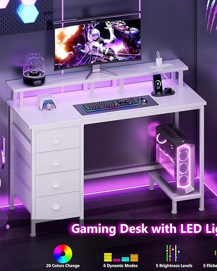 Furologee Desk with Power Outlets and LED Lights, 47in Gaming Computer Desk with 4 Fabric Drawers, Home Office Desk with Full Monitor Stand and Shelf, Study Writing Desk for Bedroom, White - LeafyLoom