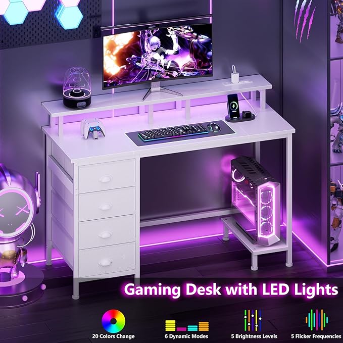 Furologee Desk with Power Outlets and LED Lights, 47in Gaming Computer Desk with 4 Fabric Drawers, Home Office Desk with Full Monitor Stand and Shelf, Study Writing Desk for Bedroom, White - LeafyLoom